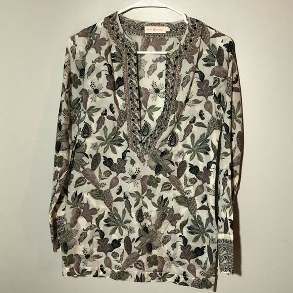 Tory Burch Tops - Tory Burch embellished botanical print v neck long sleeve womens tunic top S